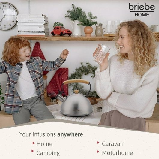 Bouilloire Briebe Wooden 2,3L Acier Inox Induction Rétro Poignée Bois