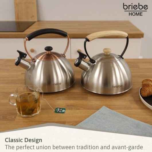 Bouilloire Briebe Wooden 2,3L Acier Inox Induction Rétro Poignée Bois