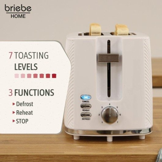 Broodrooster Briebe TA1169WHT 2 brede sleuven 870 W 7 bruiningsstanden Wit en zilver