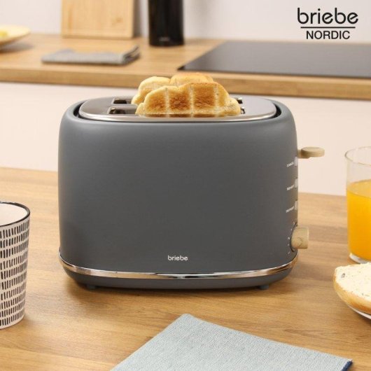Grille-pain Briebe TA1166GRY Nordic 2 Tranches 870W Contrôle Rond Large Fente Gris