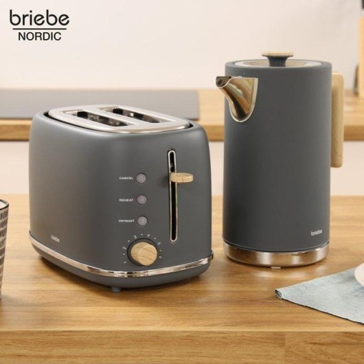 Set électroménager Briebe SKT1167GRY Nordic grille-pain 2 fentes et bouilloire 1,7L gris mat