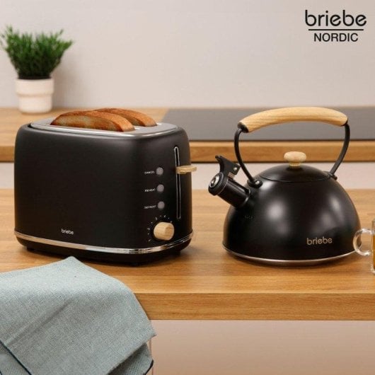 Set Eletrodomésticos Briebe SKT1177BLK Tostadeira 2 Fatias + Chaleira 2,3L Aço Inox Design Nórdico