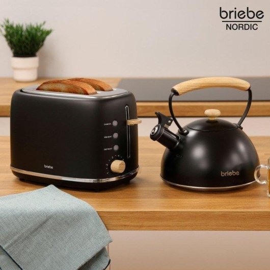 Briebe SKT1177BLK Broodrooster 2 Brede Sleuven 870W 6 Bruiningsstanden Zwart met 2,3 L Fluitketel