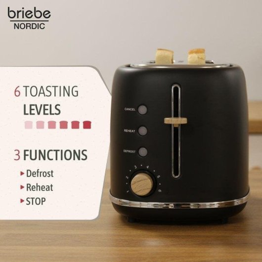 Grille-pain Briebe TA1166BLK Nordic 2 Fentes Larges 870W 6 Niveaux Noir