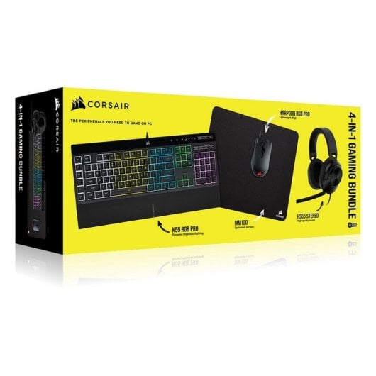 Pack clavier Corsair K55 RGB PRO (Royaume-Uni) + souris HARPOON RGB PRO + casque stéréo HS55 + MM100