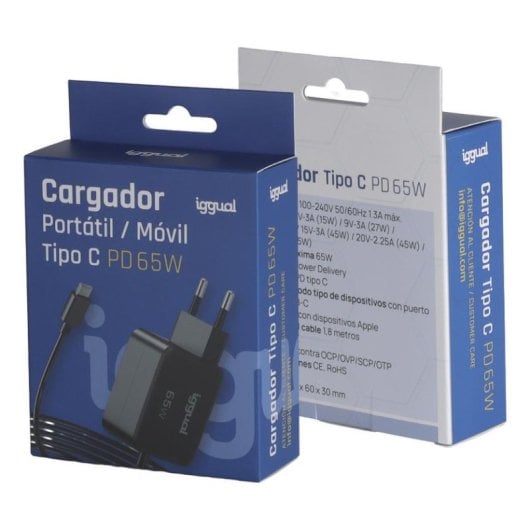 Cargador iggual PD 65W USB-C Power Delivery Schnellladung Schwarz
