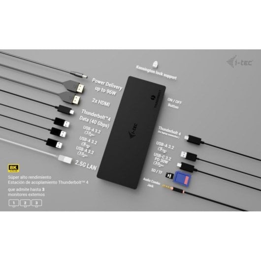 Base para portátil I-Tec Thunderbolt4 Triple Display 96W USB-C 2,5GbE SD Negra