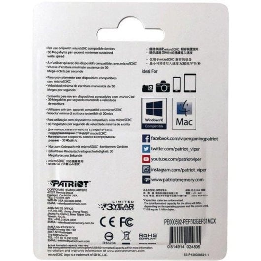 Speicherkarte Patriot EP V30 A1 512 GB MicroSDXC U3 V30 A1 SD-Adapter