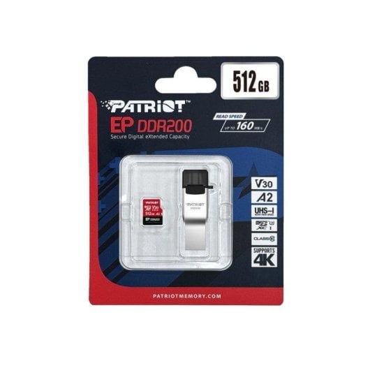 microSDXC Patriot EP DDR200 512GB 160MB/s 120MB/s USB-C/A Adapter Schwarz Rot