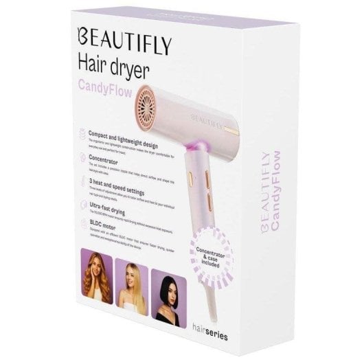 Secador de Cabelo Leve e Silencioso Beautifly Candy Flow 1200W Temperatura Regulável Rosa