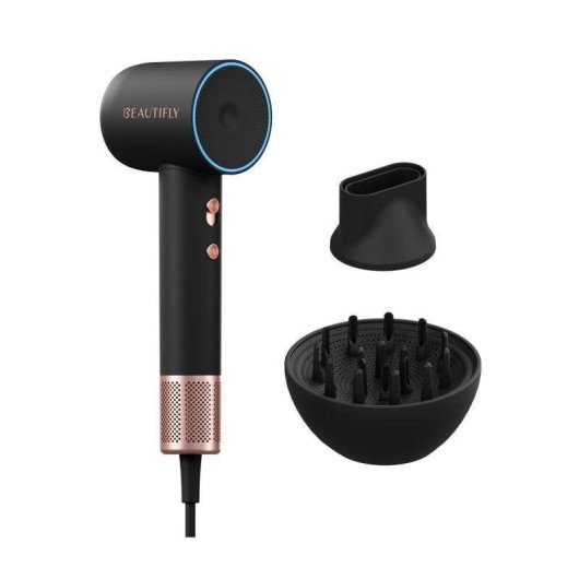 Secador de Cabelo Iónico Profissional Beautifly VelaAir 1600W 4 Temperaturas 3 Velocidades LCD Silencioso Preto com Acessórios