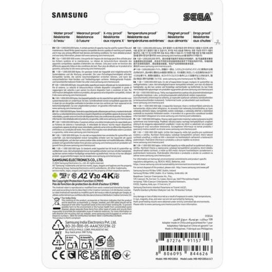 Carte mémoire Samsung MB-MD128S 128GB MicroSDXC UHS-I Classe 10 U3 V30 A2 SD Adapter