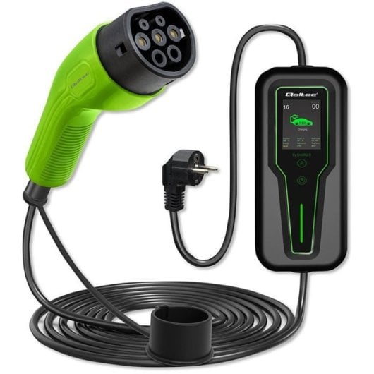 Carregador portátil Qoltec 52465 2 em 1 Tipo 2 para veículos elétricos com regulador | 3,5 kW | 230 V | LCD | Portátil | Wallbox | 5 m