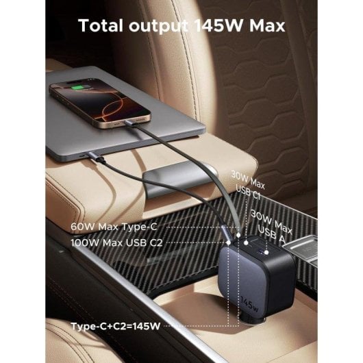 Chargeur voiture Ugreen 145W 3C1A avec câble USB-C rétractable