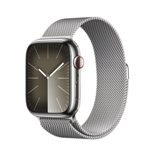 Apple Watch Series 9 GPS Cellular 4G NFC 45mm Retina OLED Acier Inoxydable Argent Unique Étanche IP6X SpO2 ECG Pulsomètre