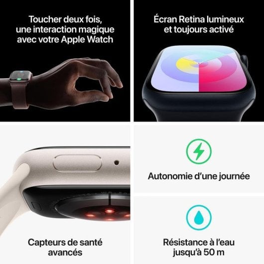 Apple Watch Series 9 GPS + Cellular 4G NFC GPS 45mm Retina OLED Noir S/M Étanche IP6X SpO2 ECG