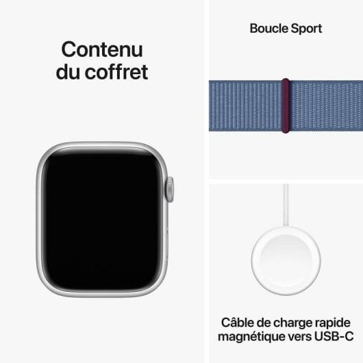 Apple Watch Series 9 GPS + Cellular Bluetooth 4G NFC GPS 45mm Retina OLED Argent Bleu Taille Unique IP6X SpO2