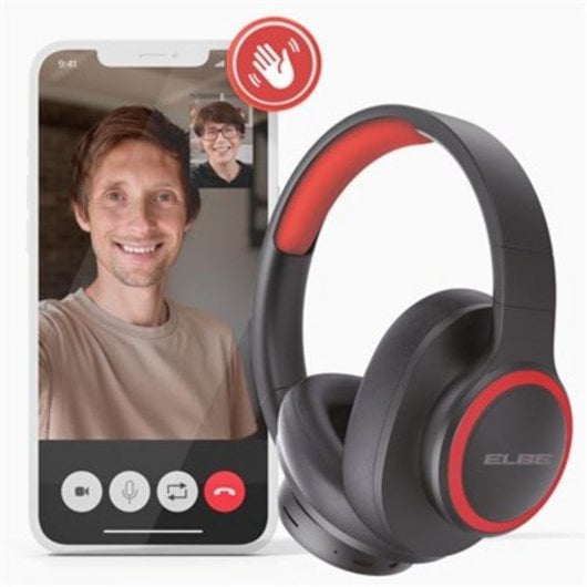 Auriculares ELBE ABT-B26-N sem fios Bluetooth para chamadas e música com rádio FM pretos e vermelhos