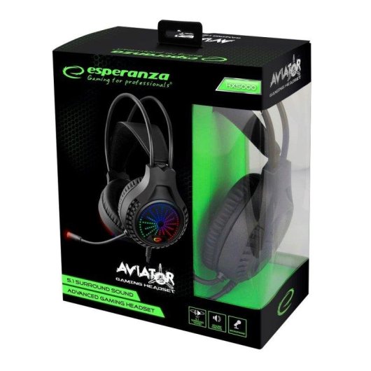Auriculares Esperanza Egh5000 com fio USB Gaming com LED RGB, Microfone, Preto