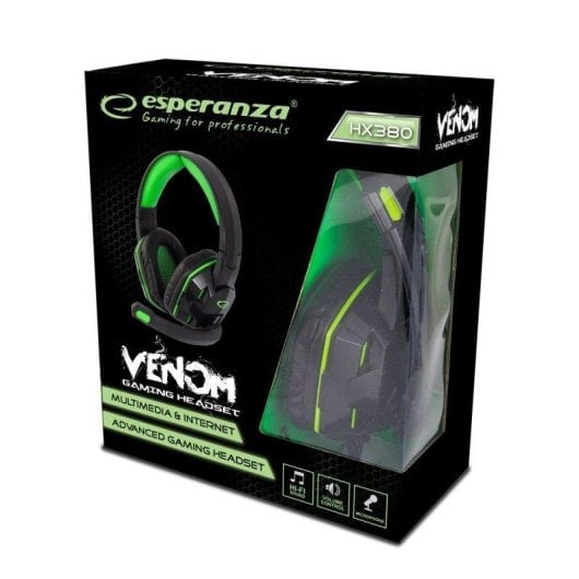 Auriculares Esperanza EGH380 con cable, jack 3,5 mm para gaming, micrófono integrado, color negro y verde