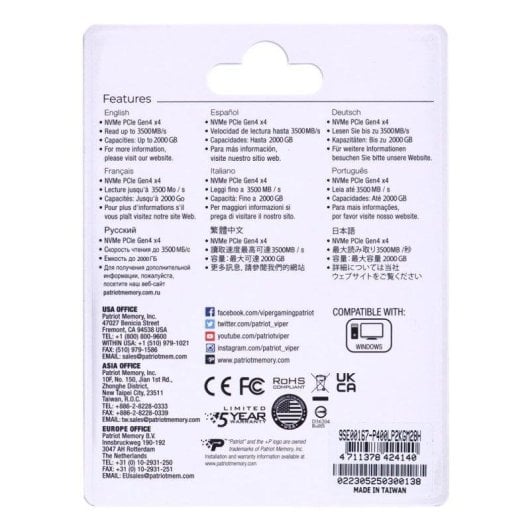 Disque Dur Patriot P400 Lite 2 To M.2 NVMe PCIe 4.0 3500 Mo/s