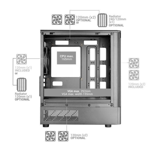 Boîtier gaming Mars Gaming McOnyx MicroATX, grille métallique, 3 ventilateurs ARGB, double chambre, noir