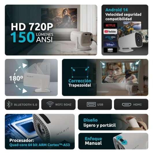 Projetor Nilait Scene Lite HD 720P 150 Lumens Android 14 Portátil