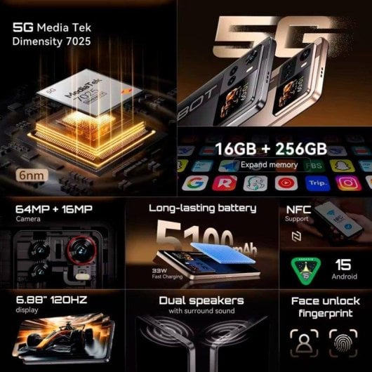 Cubot X100 8 Go 256 Go 6.88" 120Hz 5G Double SIM NFC Batterie 5100mAh Android 15 Doré