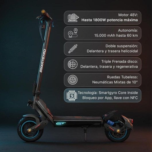 Patinete eléctrico Smartgyro Rockway GT 800W Autonomía 60km Ruedas 10" Triple frenada Negro
