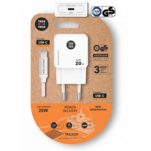 Chargeur mural Tech One Tech TEC2221 USB-C GaN PD 20W câble inclus blanc