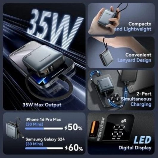 Powerbank Vention FHEN0 10000mAh 35W USB-C câble intégré Beige