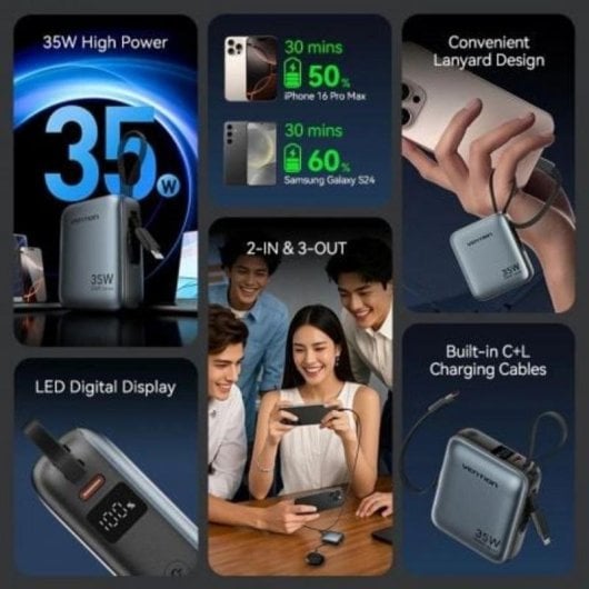 Powerbank Vention FHFN0 10000mAh 35W Gris con cables USB-C y Lightning integrados