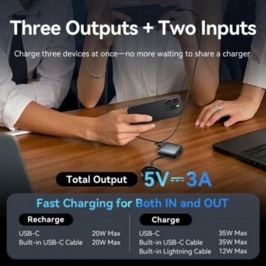 Powerbank Vention FHFN0 10000mAh 35W Gris con cables USB-C y Lightning integrados