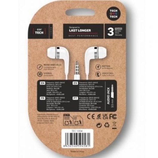 Auriculares Tech One Tech TEC1004 con cable Jack 3,5 mm intrauditivos con micrófono y controles blancos