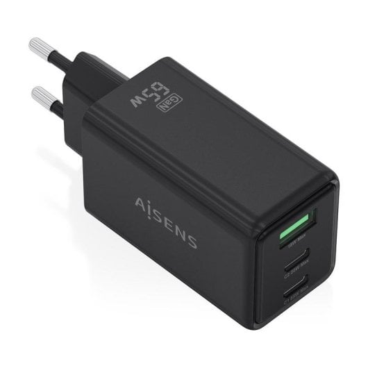 Caricatore GaN Aisens ASCH-65W3P073-BK 65W 2xUSB-C 1xUSB-A Nero Ricarica Rapida