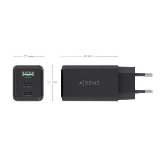 Caricatore GaN Aisens ASCH-65W3P073-BK 65W 2xUSB-C 1xUSB-A Nero Ricarica Rapida