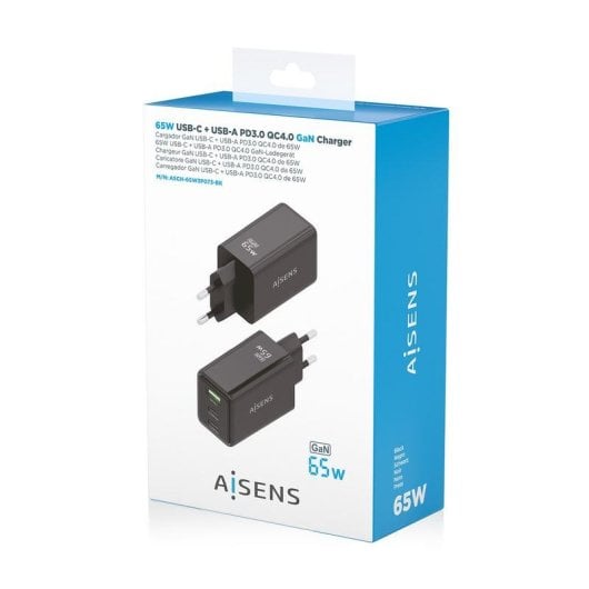 Caricatore GaN Aisens ASCH-65W3P073-BK 65W 2xUSB-C 1xUSB-A Nero Ricarica Rapida