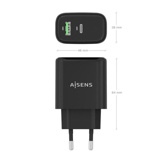 Ladegerät Aisens A110-0972 GaN 45W 1xUSB-C PD3.0 QC4.0 1xUSB-A QC3.0 Schwarz