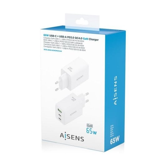 Ladegerät Aisens ASCH-65W3P072-W GaN 65W 2xUSB-C 1xUSB-A Weiß Schnellladung