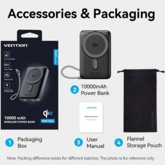 Powerbank Vention FKH 10000mAh 35W Wireless Grau USB-C Kabel Qi2