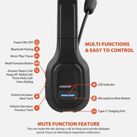 Auriculares AudioCore 74452 Bluetooth Inalâmbricos Música Cancelamento de Ruído Microfone Vermelho