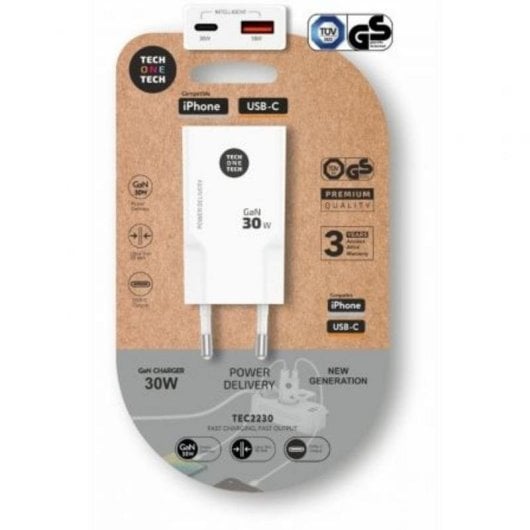 Cargador de Pared Tech One Tech TEC2230 GaN 30W PD USB-C y USB-A Blanco