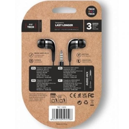 Auriculares Tech One Tech TEC1005 con cable Jack 3,5 mm intrauditivos con micrófono negros