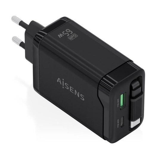 Cargador Aisens ASCH-65W3P071-BK GaN 65W USB-C Retráctil Negro