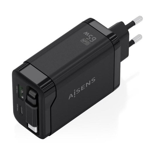 Cargador Aisens ASCH-65W3P071-BK GaN 65W USB-C Retráctil Negro