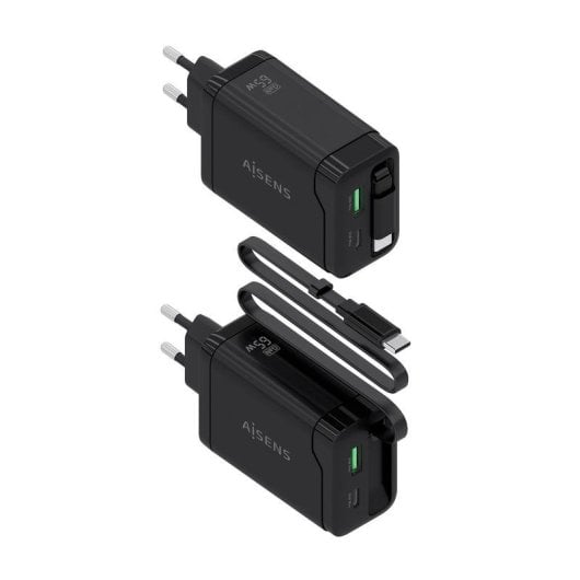 Cargador Aisens ASCH-65W3P071-BK GaN 65W USB-C Retráctil Negro