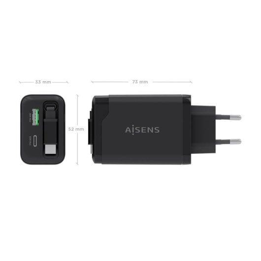 Cargador Aisens ASCH-65W3P071-BK GaN 65W USB-C Retráctil Negro