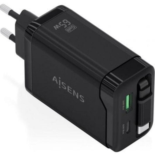 Cargador Aisens ASCH-65W3P071-BK GaN 65W USB-C Retráctil Negro