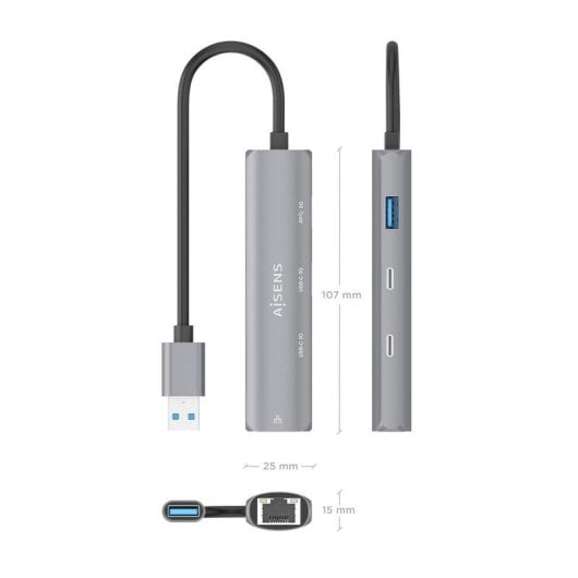 Dock USB Aisens ASUC-4P036-GR Ethernet Gigabit 2xUSB-C 1xUSB-A Cinzento 15cm