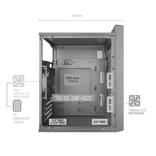 Ventilateur Tacens Fortis II Mini Tower MicroATX, 12 cm, en acier FDB SPCC, avec poignée noire.